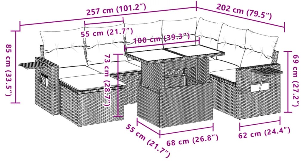 8 pcs conjunto sofás de jardim c/ almofadões vime PE cinzento