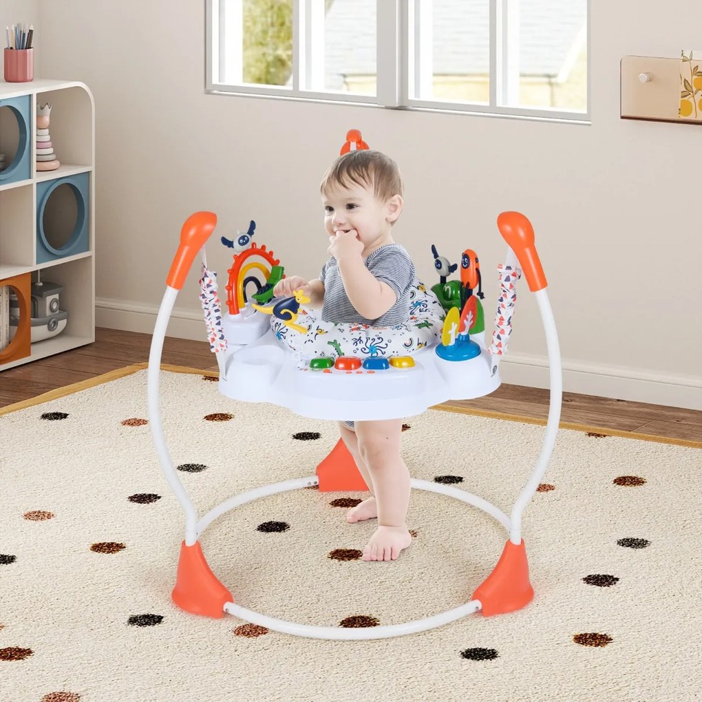 Centro de atividades para bebés com saltador, 6 brinquedos, luzes, música, 3 alturas ajustáveis, mesa giratória 360° para 6+ meses, Laranja