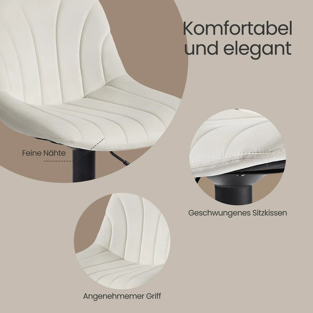 Conjunto de 2 bancos de bar, altura ajustável entre 88 e 108 cm em veludo Branco creme