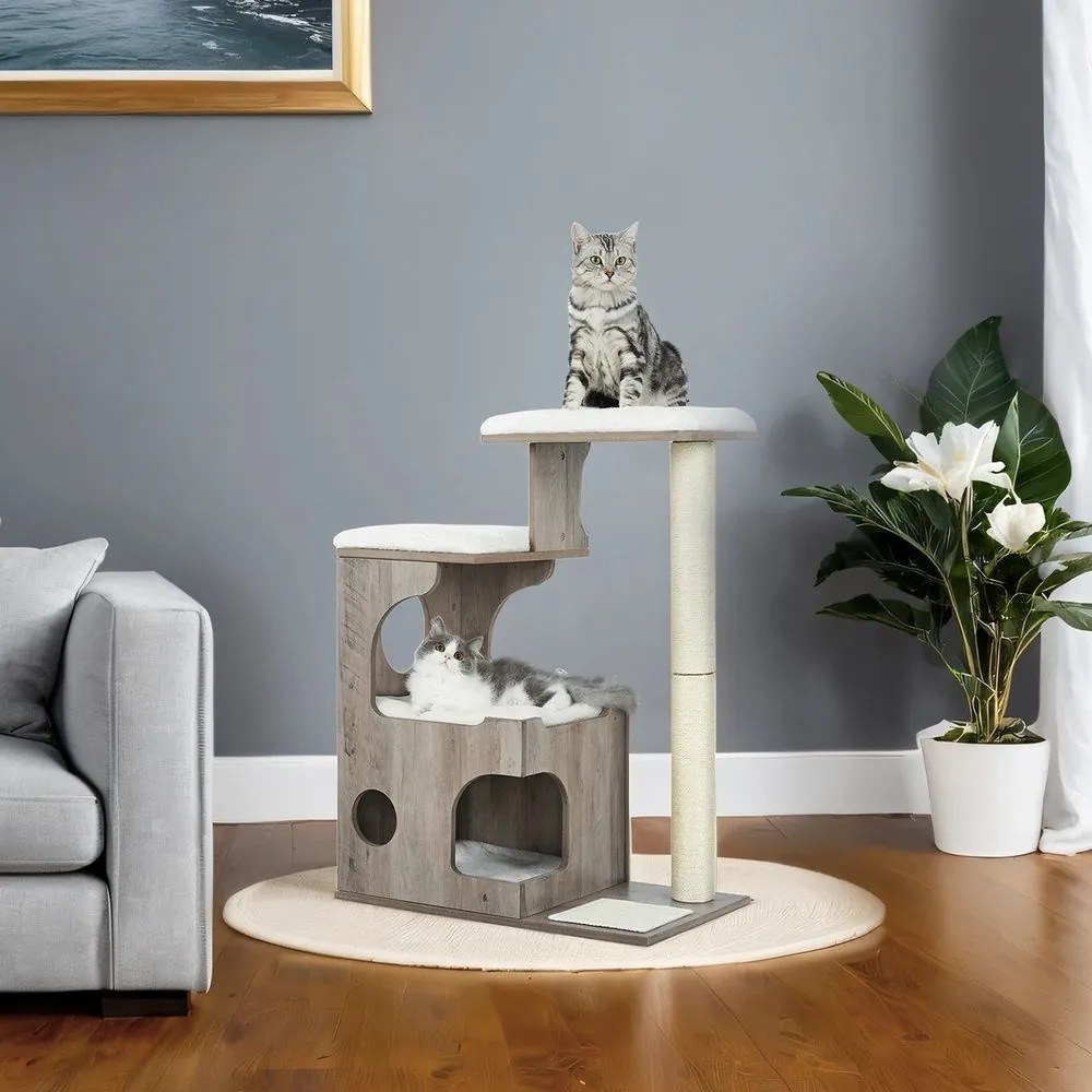 Arranhador para gatos 66 x 40 x 86 cm com caverna branco-cinza
