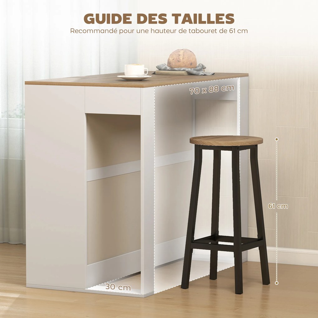 Mesa alta de cozinha 113 x 60 x 90 cm com 3 níveis e 2 compartimentos abertos, tampo com efeito de madeira natural, branca