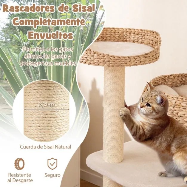 Arranhador para gatos com poleiros 45 x 45 x 104 cm, camas em forma de cesta, bola pendurada, corda e paus para arranhar  Branco