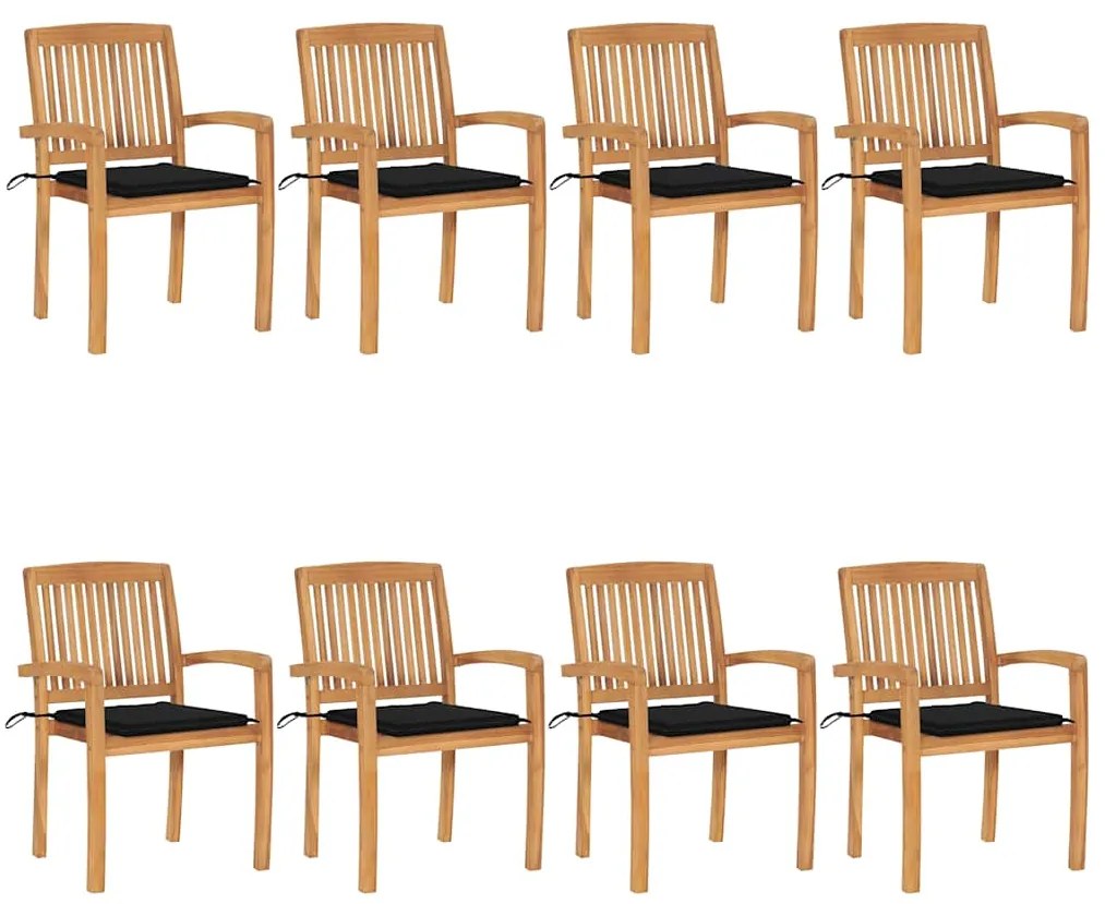 vidaXL Cadeiras de jardim empiháveis c/ almofadões 8 pcs teca maciça