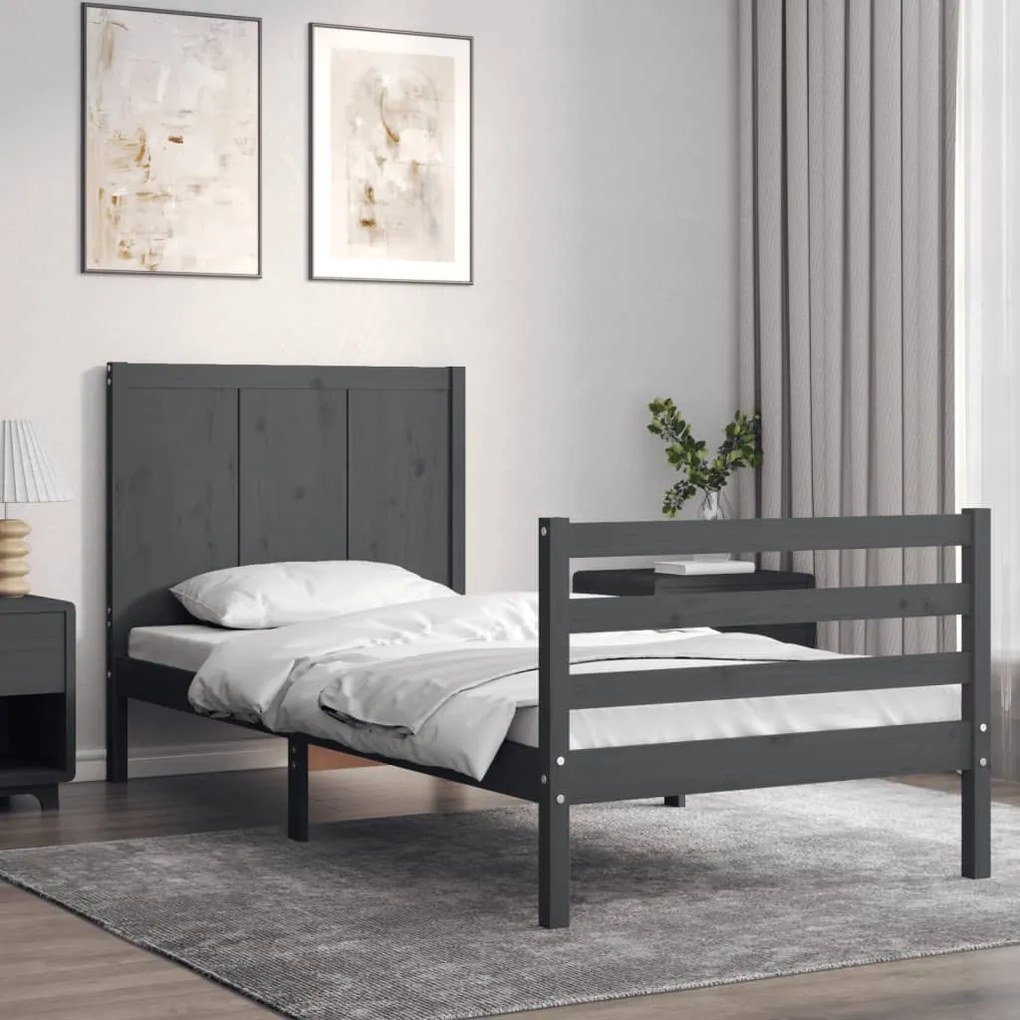 vidaXL Estrutura de cama com cabeceira 90x200 cm madeira maciça cinza