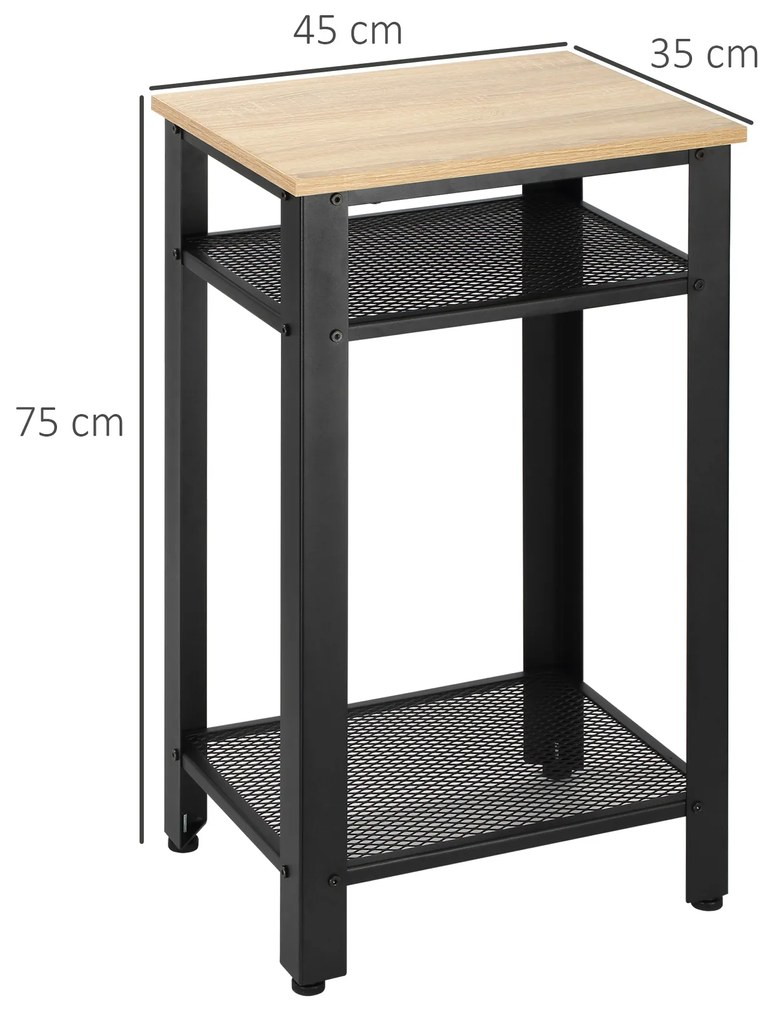 Mesa Auxiliar Mesa de Cabeceira Estilo Industrial com 2 Prateleiras de Grade de Metal e Pés Ajustáveis 45x35x75cm Carvalho e Branco