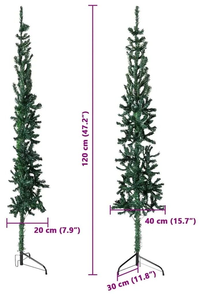 Meia árvore de Natal fina com suporte 120 cm verde