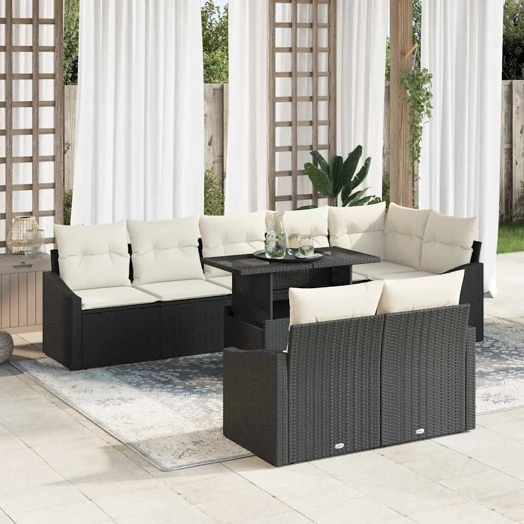 vidaXL Conjunto de Sofá de Jardim com almofada 9 pcs Preto e Creme