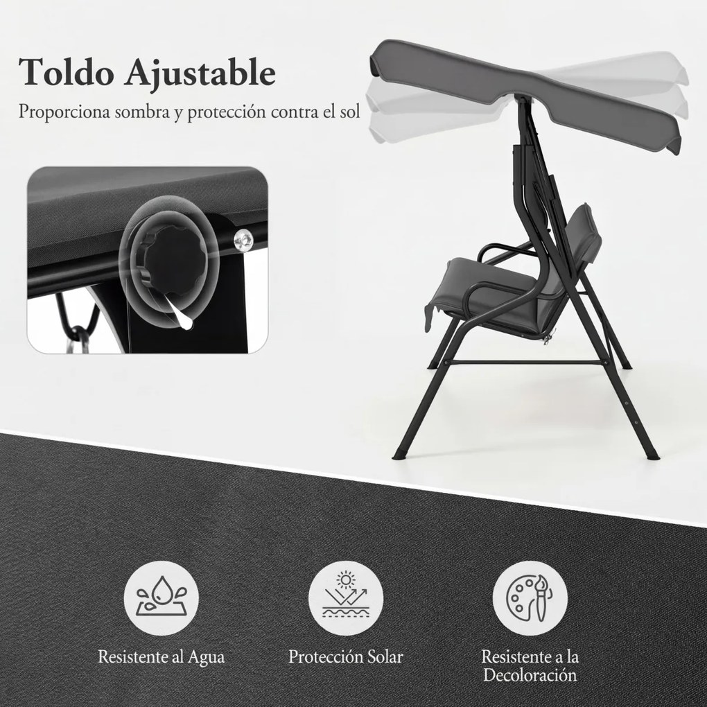 Baloiço Jardim 172 x 154 x 110 cm para 3 pessoas com toldo ajustável e almofada removível para jardim ou pátio, cinzenta