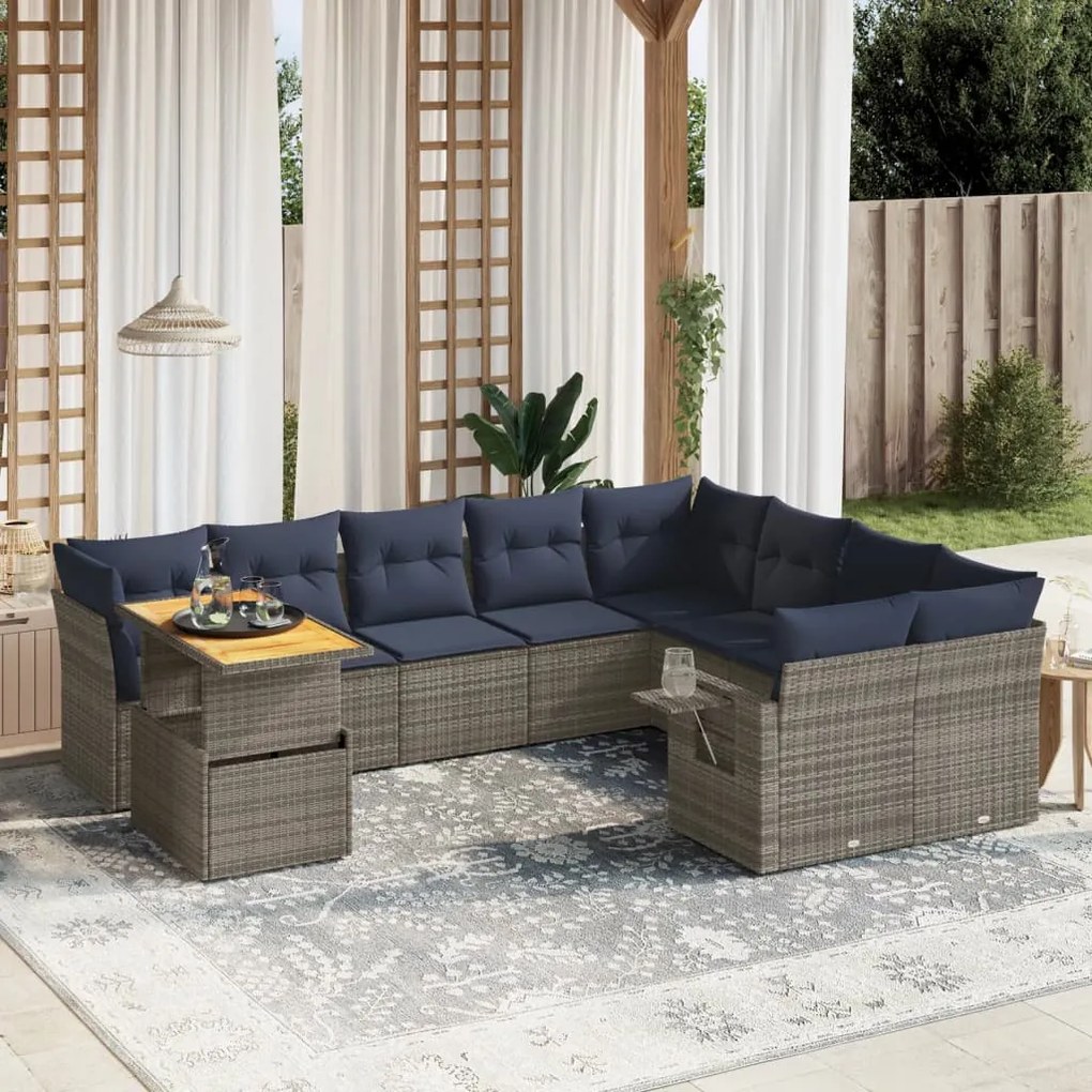 vidaXL 10 pcs conjunto sofás p/ jardim c/ almofadões vime PE cinzento