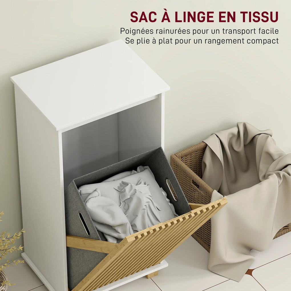 Móvel de casa de banho com cesto para roupa suja, porta com ripas de bambu e saco removível, branco e com efeito de madeira natural