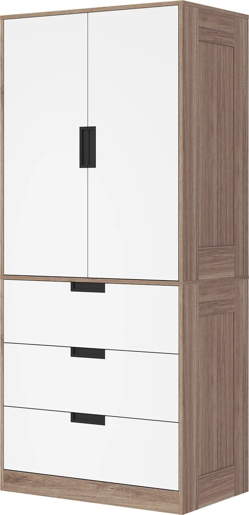 Guarda Roupa de 2 portas, armário moderno com 3 gavetas e varão para pendurar roupa, para quarto, castanho