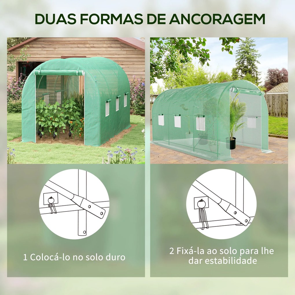 Estufa tipo Túnel 400x200x205 cm Estufa de Jardim com Porta Enrolável e 6 Janelas Cobertura de PE 140 g/m² Verde