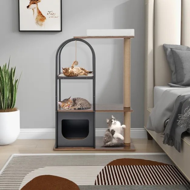 Arranhador para gatos de 118 cm com estrutura metálica Posto de arranhar de juta Tábua de sisal Bola de sisal Centro de actividades suspenso para gato