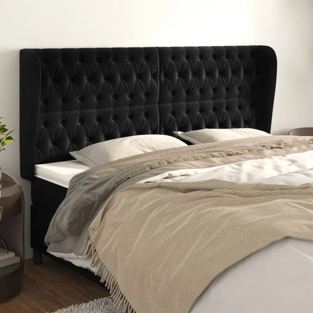 Cabeceira de cama c/ abas veludo 183x23x118/128 cm preto