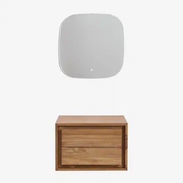 Conjunto De Móvel De Casa De Banho Suspenso Em Madeira De Teca Jabari Madeira De Teca & Sem Lavatório & Quadrado Led E Anti-embaciamento - Sklum