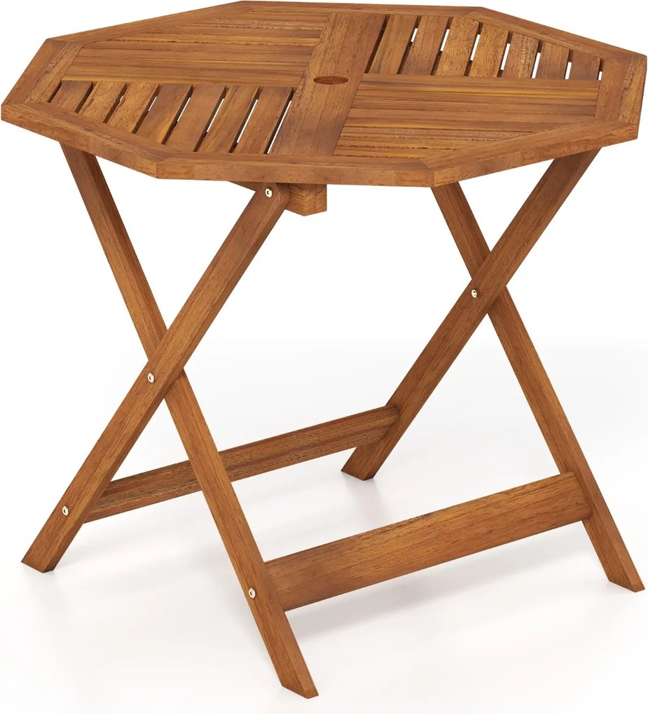 Mesa jardim de jantar em madeira maciça com orifício para guarda-sol 90 x 90 x 72 cm, tampo com ripas e acabamento em óleo de teca, para interior e ex