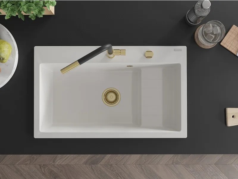 Mexen Omar lava-louça de granito de 1 bacia 800 x 480 mm, branco, sifão dourado - 6520801005-20-G