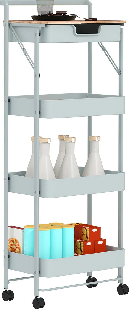 Carrinho de arrumação com rodas 45 x 29,5 x 117,5 cm, 4 níveis, com gaveta, tabuleiro e cestos, verde