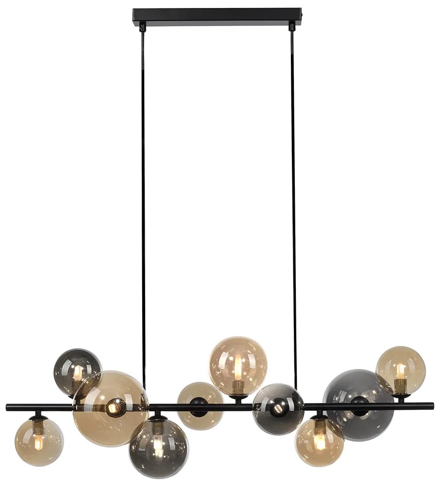 LED Candeeiro de suspensão Art Déco preto com fumê e dourado 10 luzes - Wess Art Deco
