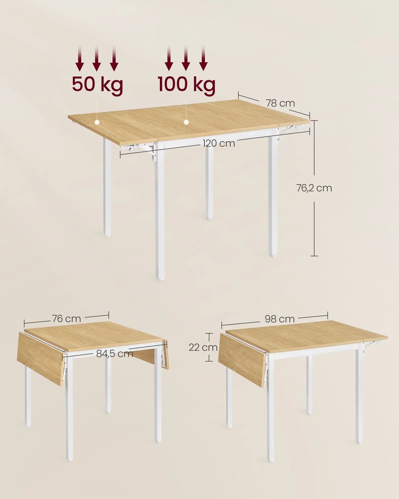 Mesa de jantar para 2-4 pessoas dobrável carvalho natural cor branco