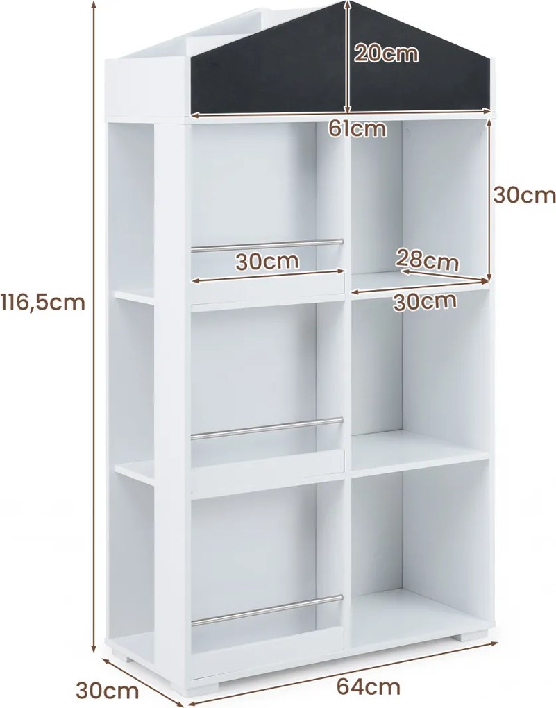 Estante infantil em forma de casa 64 x 30 x 116,5 cm, estante para crianças com compartimentos, quadro de giz e kit anti-tombamento, armário organizad