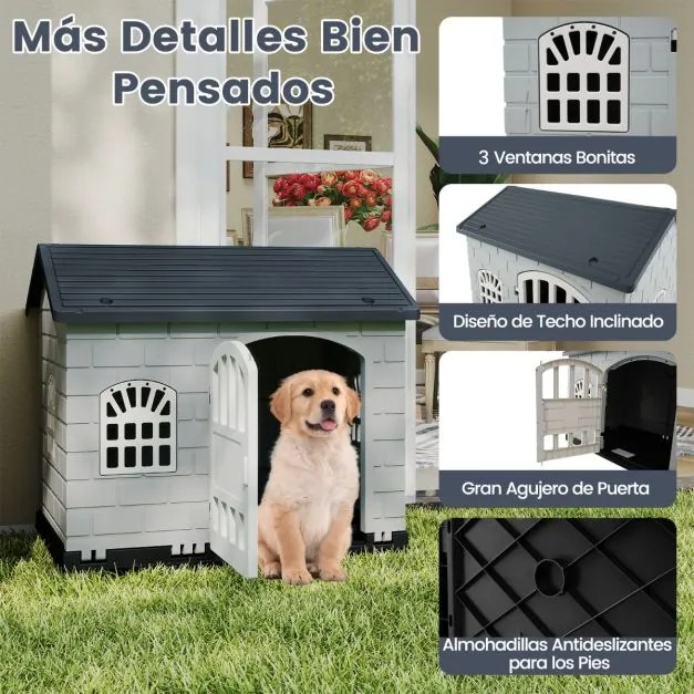 Casota de plástico para cães com 3 janelas e porta com fechadura, telhado inclinado, para interior e exterior, 75 x 58 x 65 cm, Cinzento
