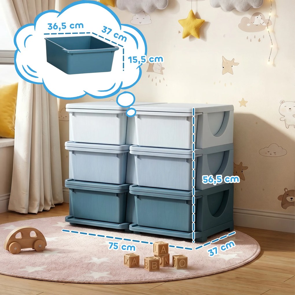 Organizador de Brinquedos Infantil, 75 x 37 x 56,5 cm, 3 Níveis e 6 Gavetas, Azul