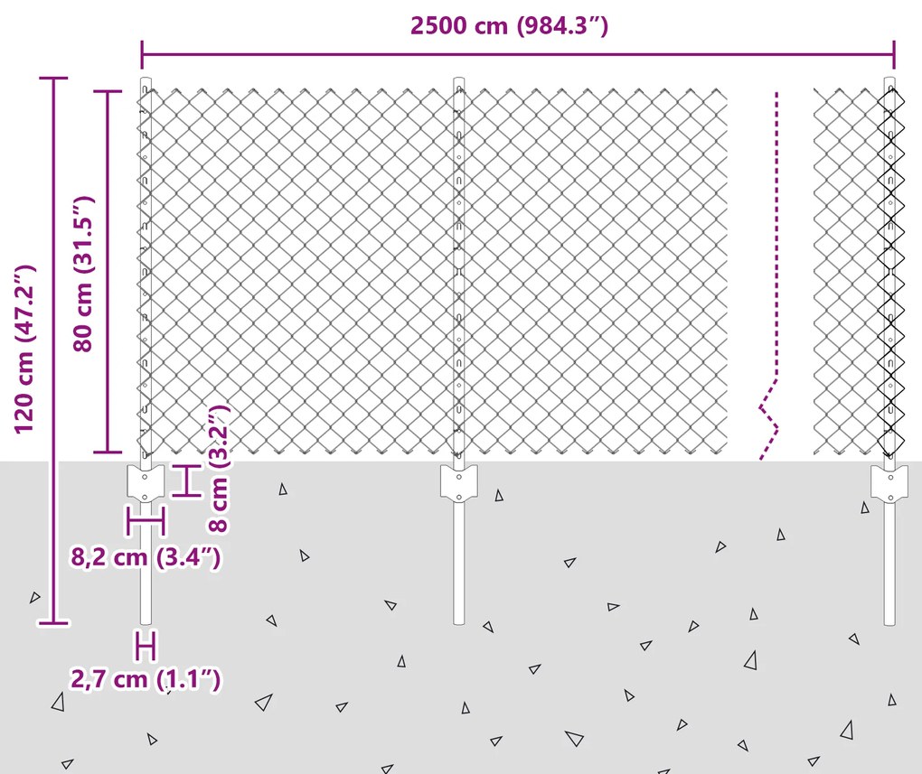 Cerca de Cadeia com 22 Postes em U Prata 0,8x25 m Aço