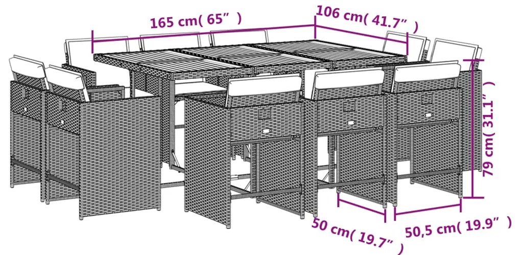 11 pcs conjunto de jantar p/ jardim c/ almofadões vime PE preto
