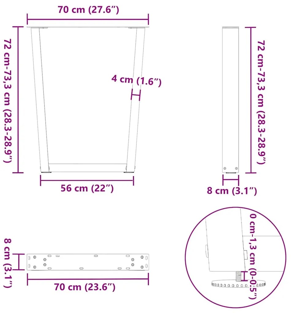Pernas para mesa de jantar em V, 2 peças, branco, 70x(72-73,3) cm, aço