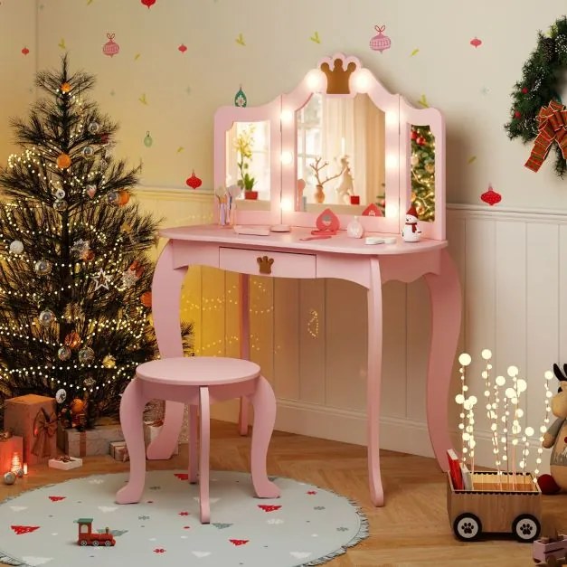Conjunto de Toucador e armário para joias para meninas com espelho dobrável LED e espelho de corpo inteiro Rosa