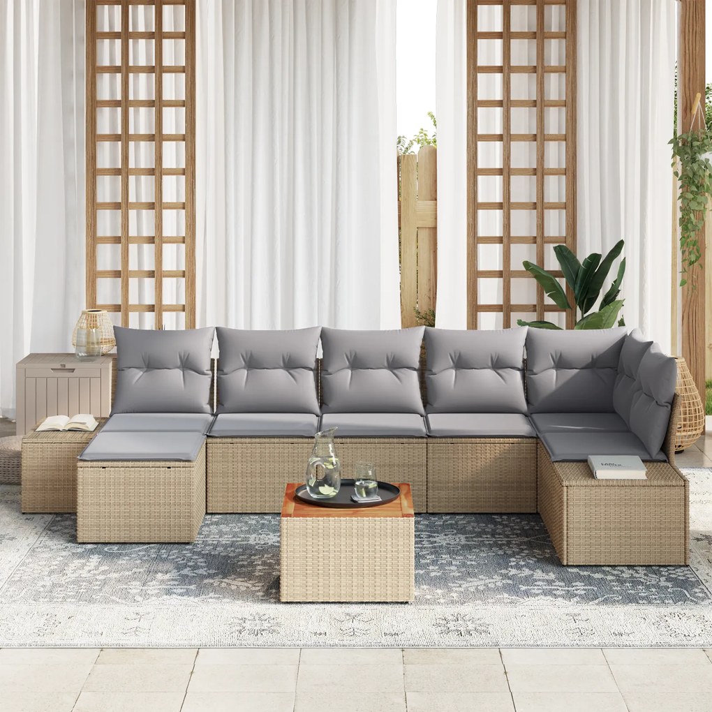 Conjunto de Sofá de Jardim de 8 Peças com Almofadas Bege Rattan Poliés