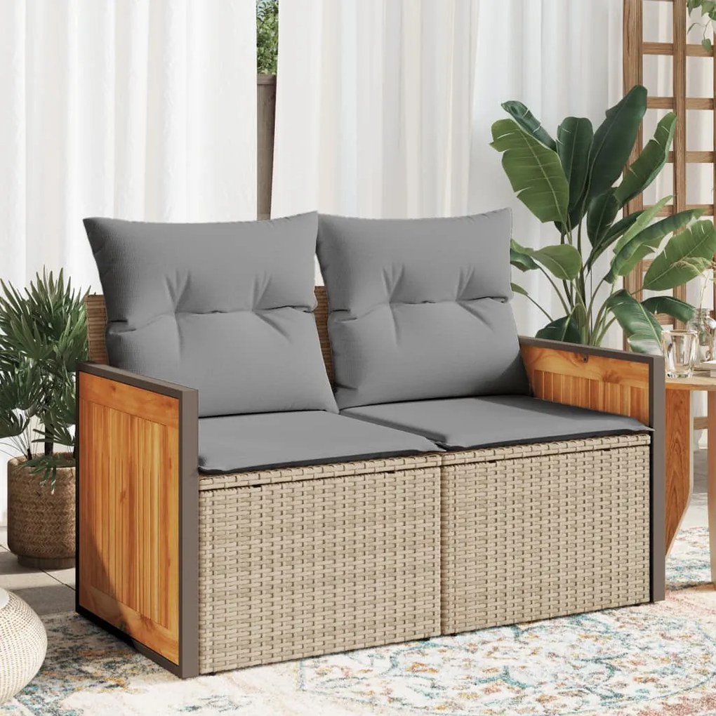 vidaXL Sofá de jardim de 2 lugares com almofadões vime PE bege