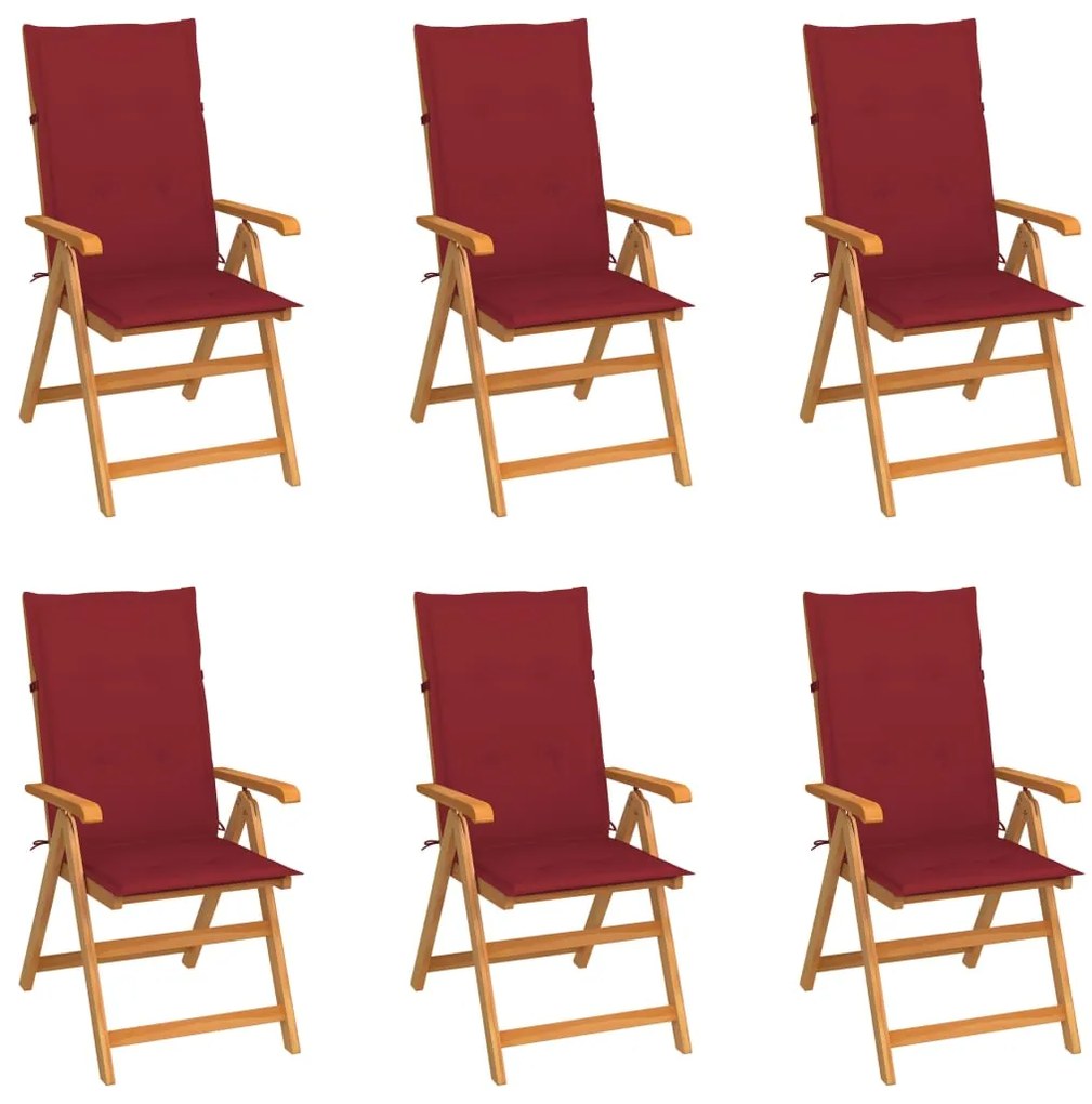 vidaXL Cadeiras de jardim almofadões vermelho tinto 6 pcs teca maciça