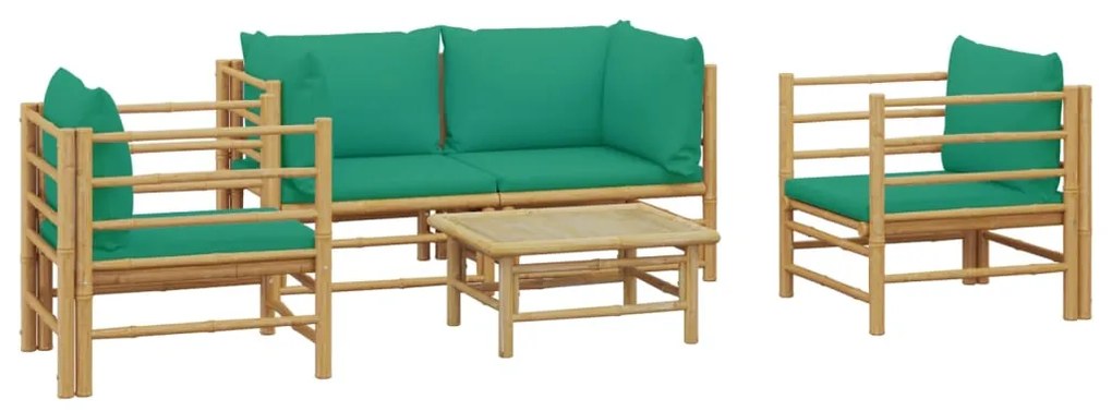 5 pcs conjunto lounge de jardim bambu c/ almofadões verdes