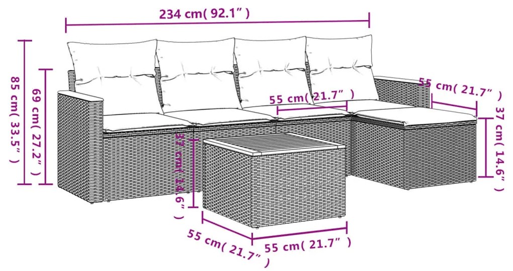 6 pcs conjunto de sofás p/ jardim com almofadões vime PE bege