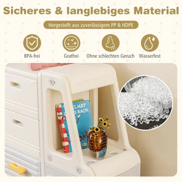 Estante para brinquedos em forma de autocarro para crianças com quadro branco, 4 gavetas e armários, 111 x 34 x 94 cm Bege + Cinza