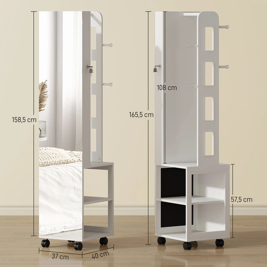 Espelho com Arrumação para Joias Luzes LED Armário para Joias com Rotação de 360° e Fecho com Chave 37x40x165,5 cm Branco