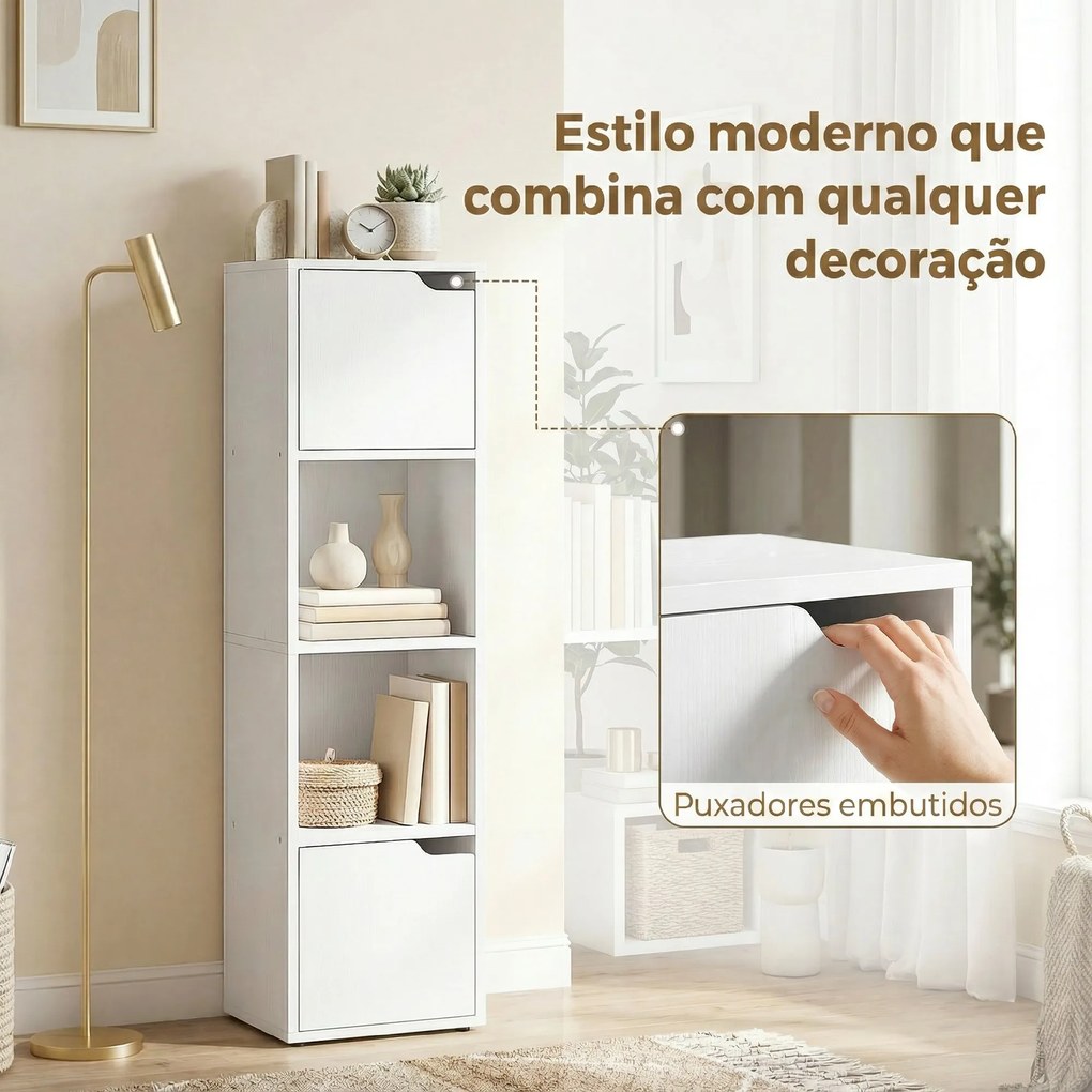 Estante para Livros com 2 Portas Estante Estreita de 4 Níveis com 2 Prateleiras Abertas 30x29x119 cm Branco