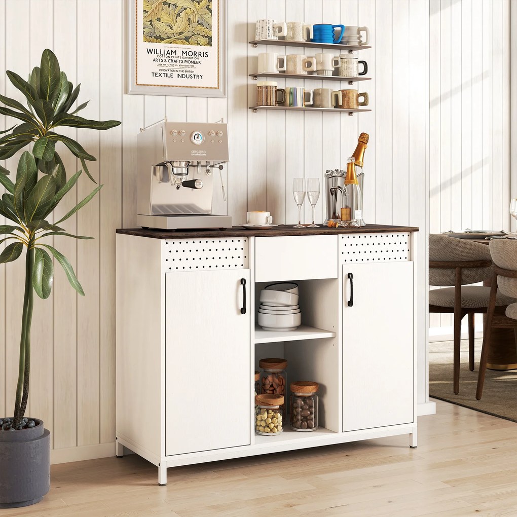 Aparador de 2 Portas com Orifícios 2 Compartimentos e Gaveta Prateleiras Ajustáveis 100x40x80 cm Branco e Castanho Rústico