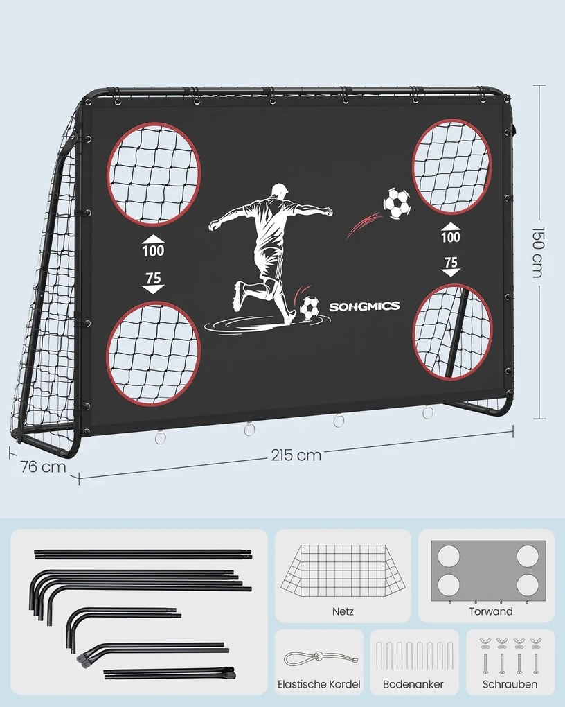 Baliza de futebol 60 x 180 x 120 cm com rede de PE para exterior Preta