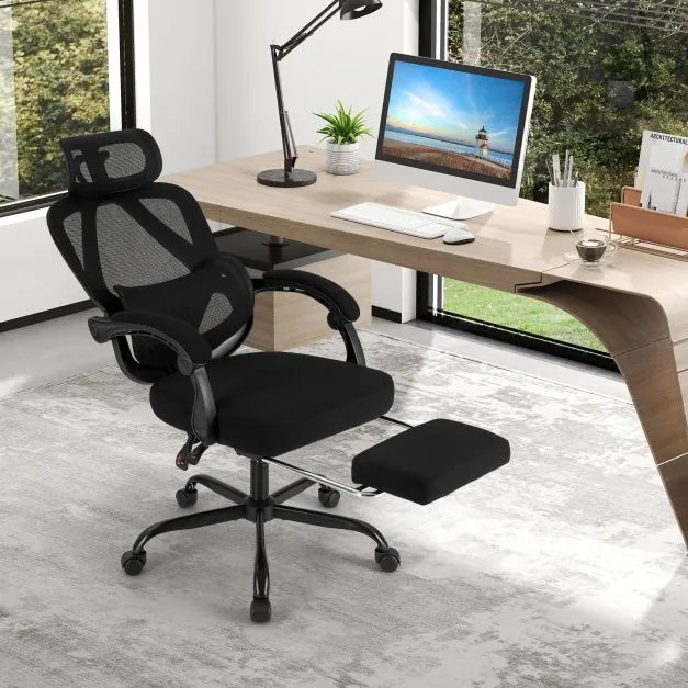 Cadeira de escritório ergonómica com apoio para os pés retrátil, cadeira de escritório com encosto ajustável Preta
