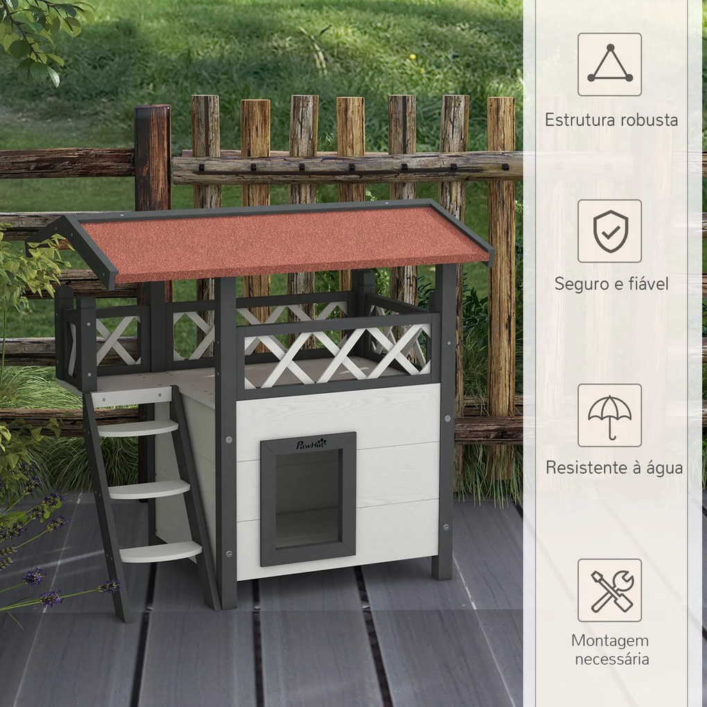 Casa para Gatos de Madeira 77x50x73cm Casa para Gatos com 2 Níveis com Teto Asfáltico Terraço Cercado Caverna e Escada Branco