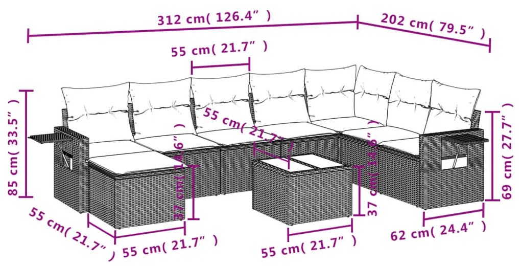 9 pcs conjunto de sofás p/ jardim com almofadões vime PE bege