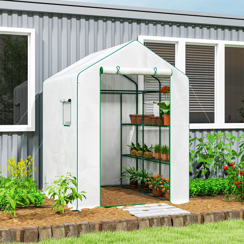 Estufa de jardim 140 x 143 x 190 cm com 1 porta, 2 janelas e prateleiras de 3 níveis para legumes, plantas e flores; cobertura em PE branca
