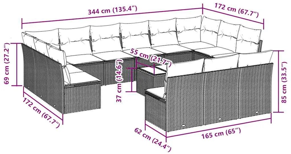 14 pcs conj. sofás jardim com almofadões vime PE cinzento-claro