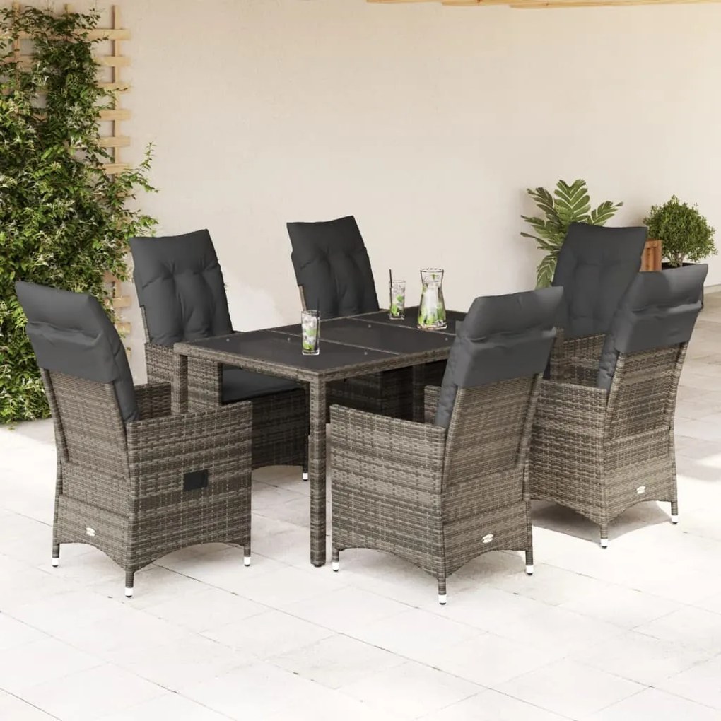 7 pcs conjunto de jantar p/ jardim c/ almofadões vime PE cinza