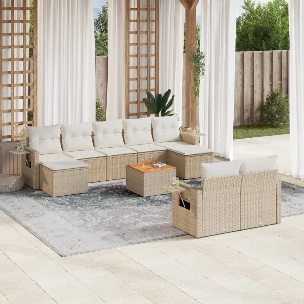 10 pcs conjunto de sofás p/ jardim com almofadões vime PE bege