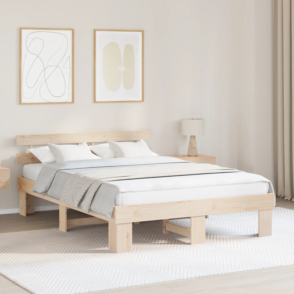 Estrado de Cama com Cabeceira 140x200 cm Madeira Maciça de Pinho