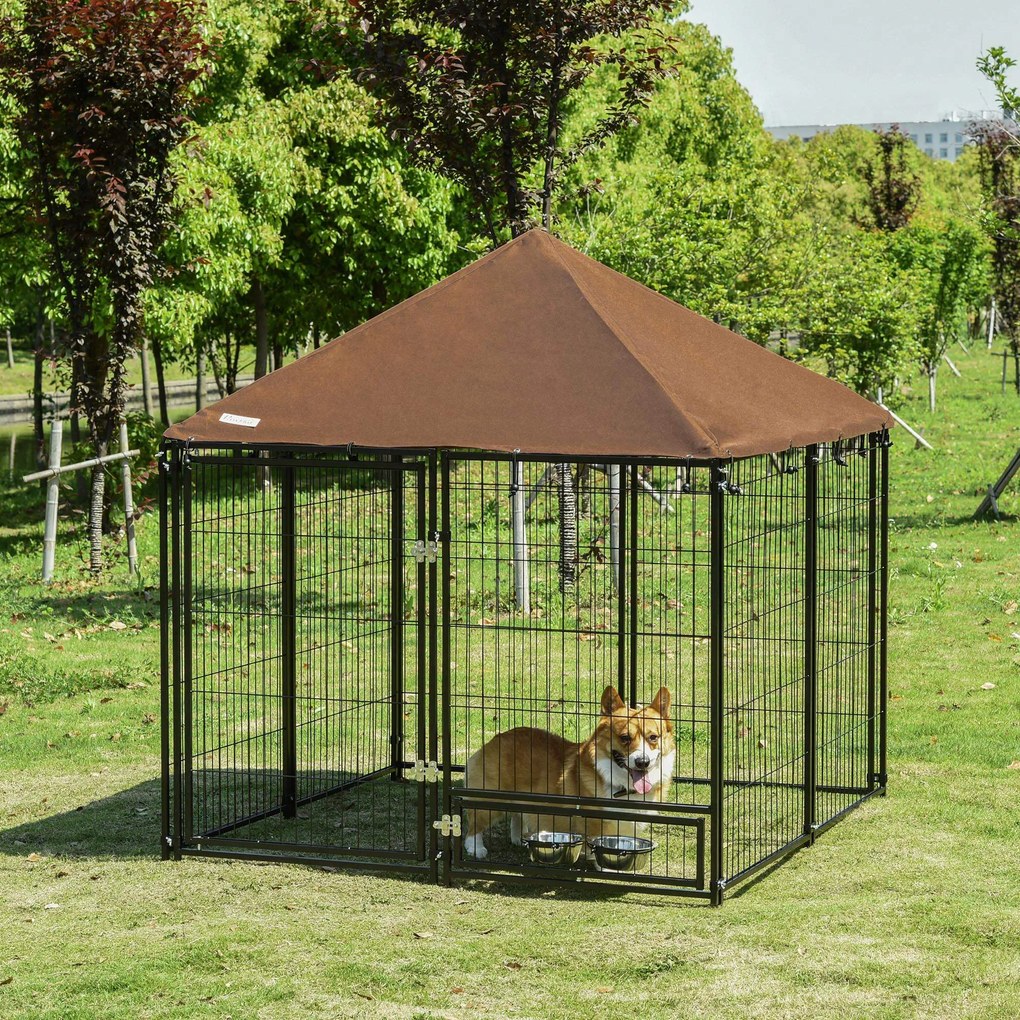 PawHut Parque para Cães com Toldo Suporte Giratório 2 Tigelas Incluída